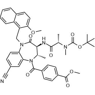Methyl 4-((2S,3S)-3-((S)-2-((tert-butoxycarbonyl)(methyl)amino)propanamido)-8-cyano-5-((2-methoxynaphthalen-1-yl)methyl)-2-methyl-4-oxo-2,3,4,5-tetrahydro-1H-benzo[b][1,4]diazepine-1-carbonyl)benzoate|CS-0107292