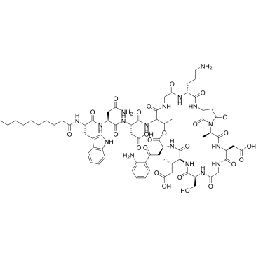 (3S)-3-((S)-4-amino-2-((S)-2-decanamido-3-(1H-indol-3-yl)propanamido)-4-oxobutanamido)-4-(((2R,5S,11S,14S,17S,27R)-17-(2-(2-aminophenyl)-2-oxoethyl)-27-(3-aminopropyl)-5-(carboxymethyl)-14-((S)-1-carboxypropan-2-yl)-11-(hydroxymethyl)-2,20-dimethyl-3,6,9,12,15,18,22,25,28,32,33-undecaoxo-19-oxa-1,4,7,10,13,16,23,26,29-nonaazabicyclo[28.2.1]tritriacontan-21-yl)amino)-4-oxobutanoic acid  (Daptomycin Impuruity）|CS-0165461