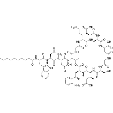 (3S,6S,9S,19R,22S,25R)-31-((S)-2-((S)-4-amino-2-((S)-2-decanamido-3-(1H-indol-3-yl)propanamido)-4-oxobutanamido)-3-carboxypropanamido)-3-(2-(2-aminophenyl)-2-oxoethyl)-25-(3-aminopropyl)-22-(carboxymethyl)-6-((S)-1-carboxypropan-2-yl)-9-(hydroxymethyl)-19,32-dimethyl-2,5,8,11,14,18,21,24,27,30-decaoxo-1-oxa-4,7,10,13,17,20,23,26,29-nonaazacyclodotriacontane-16-carboxylic acid  (Daptomycin Impuruity）|CS-0165623