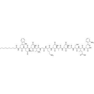 (2S,5S,8R,14S,17R,20S,23S,29S,32S)-32-((R)-4-Amino-2-((S)-2-decanamido-3-(1H-indol-3-yl)propanamido)-4-oxobutanamido)-2-(2-(2-aminophenyl)-2-oxoethyl)-23-(3-aminopropyl)-14,20-bis(carboxymethyl)-5-((S)-1-carboxypropan-2-yl)-29-((R)-1-hydroxyethyl)-8-(hydr|CS-0167092