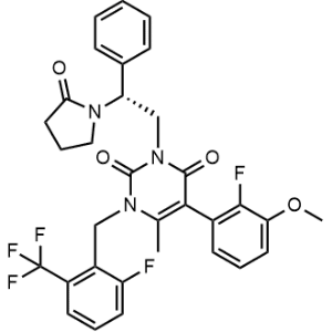 (R)-5-(2-fluoro-3-methoxyphenyl)-1-(2-fluoro-6-(trifluoromethyl) benzyl)-6-methyl-3-(2-(2-oxopyrrolidin-1-yl)-2-phenylethyl) pyrimidine-2,4(1H,3H)-dione|CS-0914120