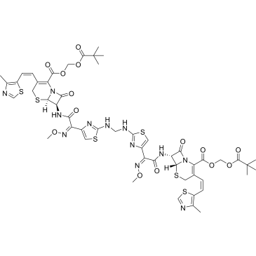 bis((pivaloyloxy)methyl) 7,7'-(((2Z,2'Z)-2,2'-((methylenebis(azanediyl))bis(thiazole-2,4-diyl))bis(2-(methoxyimino)acetyl))bis(azanediyl))(6R,6'R,7R,7'R)-bis(3-((Z)-2-(4-methylthiazol-5-yl)vinyl)-8-oxo-5-thia-1-azabicyclo[4.2.0]oct-2-ene-2-carboxylate)|CS-0914434