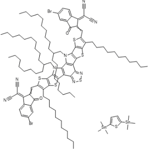 2,2'-(((12,13-Bis(2-octyldodecyl)-3,9-diundecyl-12,13-dihydro-[1,2,5]thiadiazolo[3,4-e]thieno[2'',3'':4',5']thieno[2',3':4,5]pyrrolo[3,2-g]thieno[2',3':4,5]thieno[3,2-b]indole-2,10-diyl)bis(methanylylidene))bis(5-bromo-3-oxo-2,3-dihydro-1H-indene-2,1-diylidene))dimalononitrile compound with 2,5-bis(trimethylstannyl)thiophene 1:1|CS-1335458