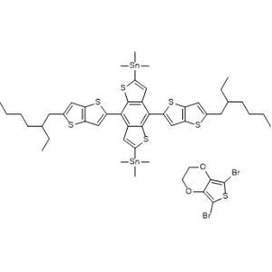 Stannane, 1,1′-[4,8-bis[5-(2-ethylhexyl)thieno[3,2-b]thien-2-yl]benzo[1,2-b:4,5-b′]dithiophene-2,6-diyl]bis[1,1,1-trimethyl-, polymer with 5,7-dibromo-2,3-dihydrothieno[3,4-b]-1,4-dioxin|CS-1335593