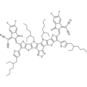 2,2'-(((12,13-Bis(2-ethylhexyl)-3,9-bis(4-(2-ethylhexyl)thiophen-2-yl)-12,13-dihydro-[1,2,5]thiadiazolo[3,4-E]thieno[2'',3'':4',5']thieno[2',3':4,5]pyrrolo[3,2-g]thieno[2',3':4,5]thieno[3,2-b]indole-2,10-diyl)bis(methanylylidene))bis(5,6-difluoro-3-oxo-2,3-dihydro-1H-indene-2,1-diylidene))dimalononitrile|CS-1335908