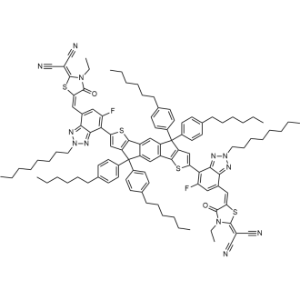 2,2'-((((4,4,9,9-Tetrakis(4-hexylphenyl)-4,9-dihydro-S-indaceno[1,2-b:5,6-b']dithiophene-2,7-diyl)bis(6-fluoro-2-octyl-2H-benzo[d][1,2,3]triazole-7,4-diyl))bis(methanylylidene))bis(3-ethyl-4-oxothiazolidine-5,2-diylidene))dimalononitrile|CS-1336140