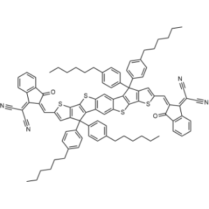 2,2′-[[4,4,10,10-Tetrakis(4-hexylphenyl)-4,10-dihydrothieno[3′,2′:4,5]cyclopenta[1,2-b]thieno[2′′,3′′:3′,4′]cyclopenta[1′,2′:4,5]thieno[2,3-f][1]benzothiophene-2,8-diyl]bis[methylidyne(3-oxo-1H-indene-2,1(3H)-diylidene)]]bis[propanedinitrile]|CS-1336269