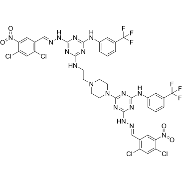 6-(2-(2,4-Dichloro-5-nitrobenzylidene)hydrazinyl)-N2-(2-(4-(4-(2,4-dichloro-5-nitrobenzylidene)hydrazinyl)-6-((3-(trifluoromethyl)phenyl)amino)-1,3,5-triazin-2-yl)piperazin-1-yl)ethyl)-N4-(3-(trifluoromethyl)phenyl)-1,3,5-triazine-2,4-diamine|CS-1386693