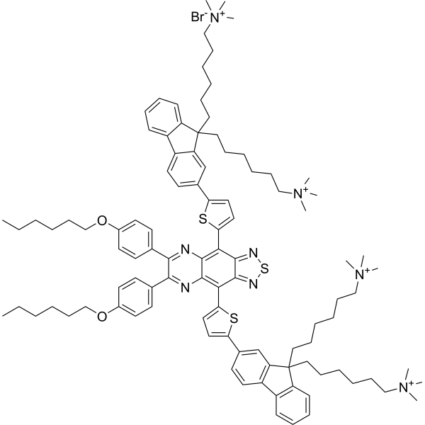 Mono(6,6',6'',6'''-(((6,7-bis(4-(hexyloxy)phenyl)-[1,2,5]thiadiazolo[3,4-g]quinoxaline-4,9-diyl)bis(thiophene-5,2-diyl))bis(9H-fluorene-2,9,9-triyl))tetrakis(N,N,N-trimethylhexan-1-aminium)) monobromide|CS-1389435
