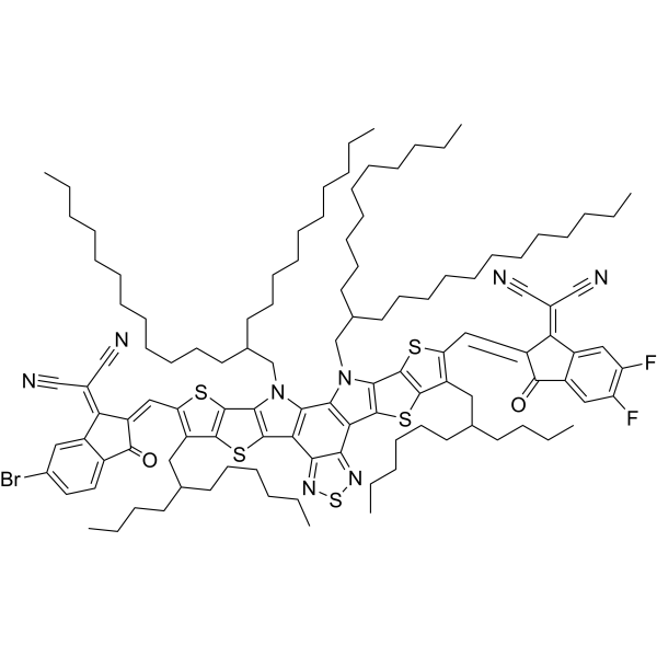 2-(2-((3,9-Bis(2-butyloctyl)-12,13-bis(2-decyltetradecyl)-10-((1-(dicyanomethylene)-5,6-difluoro-3-oxo-1,3-dihydro-2H-inden-2-ylidene)methyl)-12,13-dihydro-[1,2,5]thiadiazolo[3,4-E]thieno[2'',3'':4',5']thieno[2',3':4,5]pyrrolo[3,2-g]thieno[2',3':4,5]thieno[3,2-b]indol-2-yl)methylene)-6-bromo-3-oxo-2,3-dihydro-1H-inden-1-ylidene)malononitrile|CS-1389866